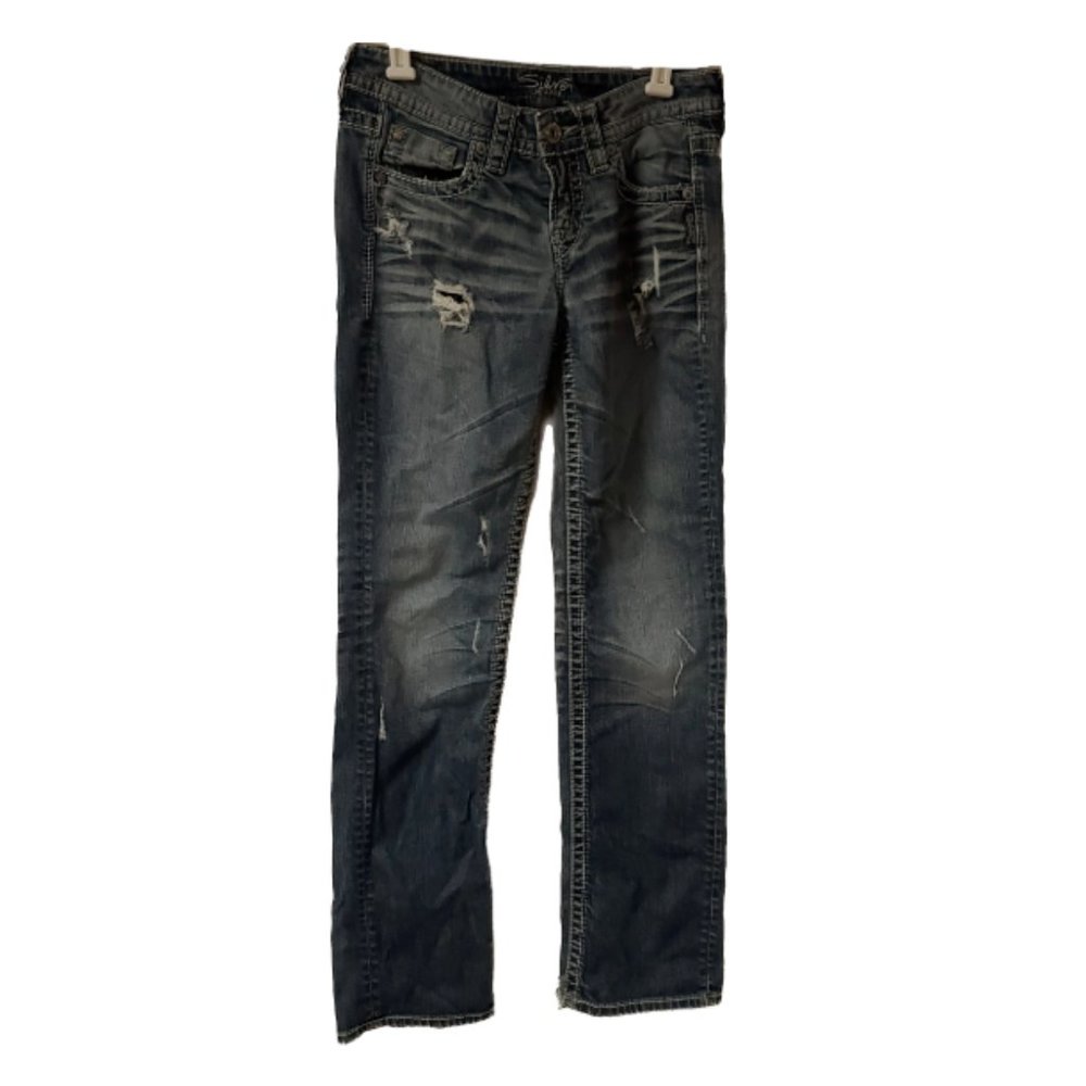 Silver Lola Womens 30 x 33 Distressed Straight Low Rise Denim Blue Jeans